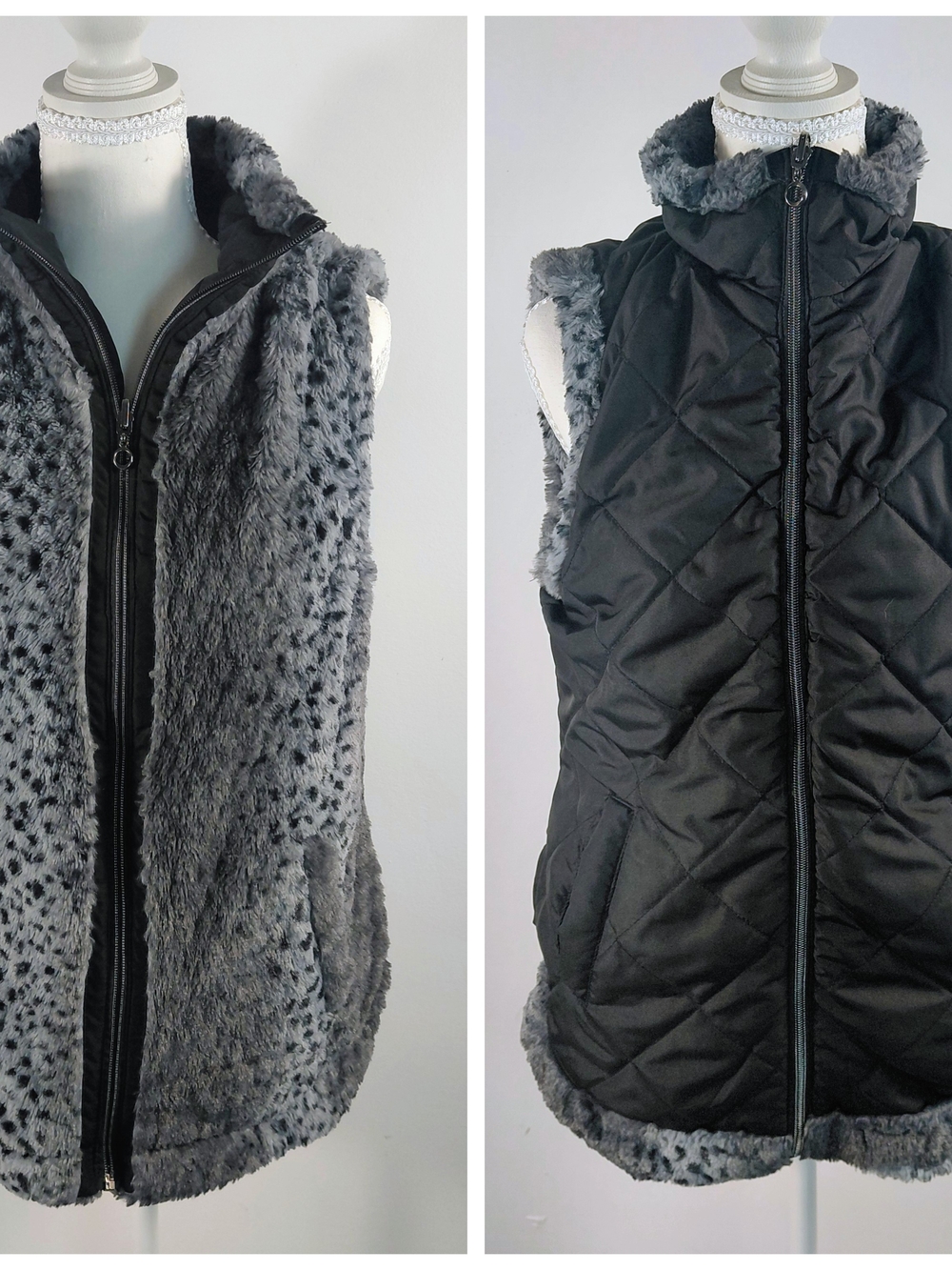 Reversible Leopard Print Faux Fur Quilted Vest - Gray S